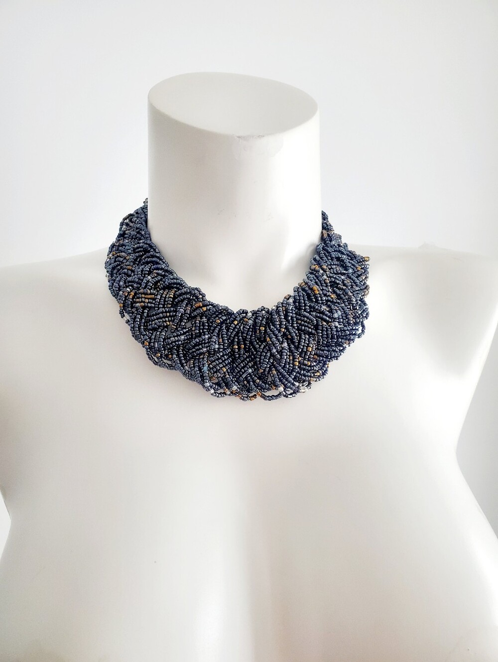 Handcrafted Navy Beaded Statement Necklace - 90's